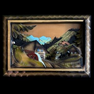 Vintage MCM German Hand Carved Black Forest 3D Wall Art Water Mill Chalets